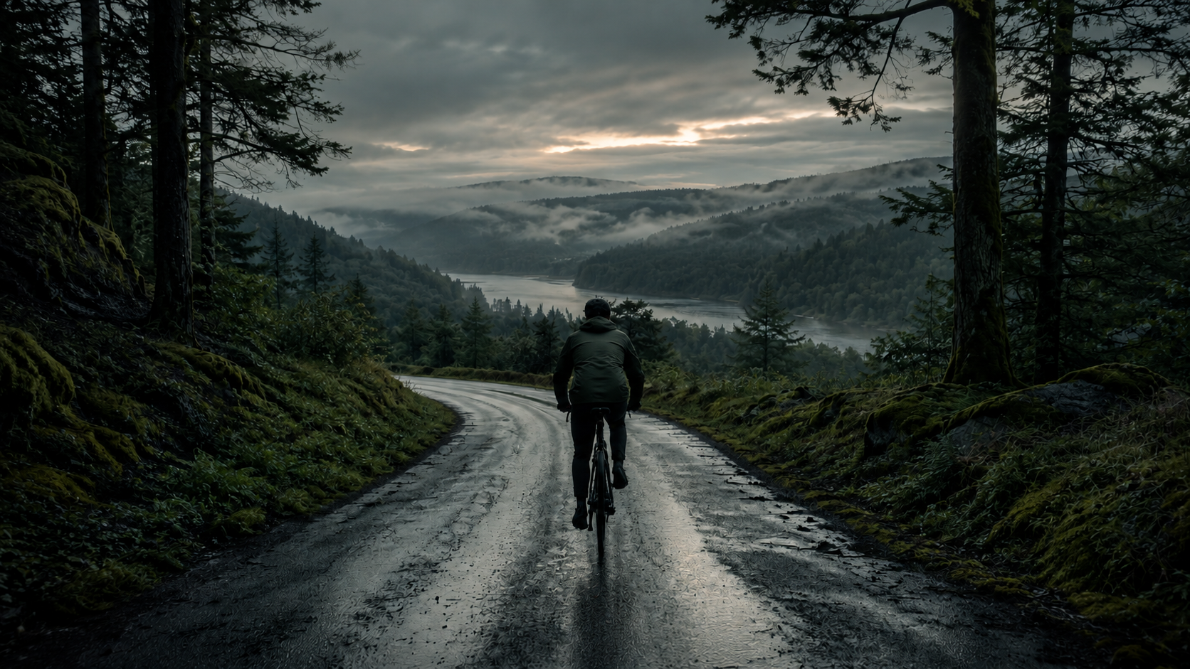 A cyclist gliding down a rain-dark forest road into a misted valley