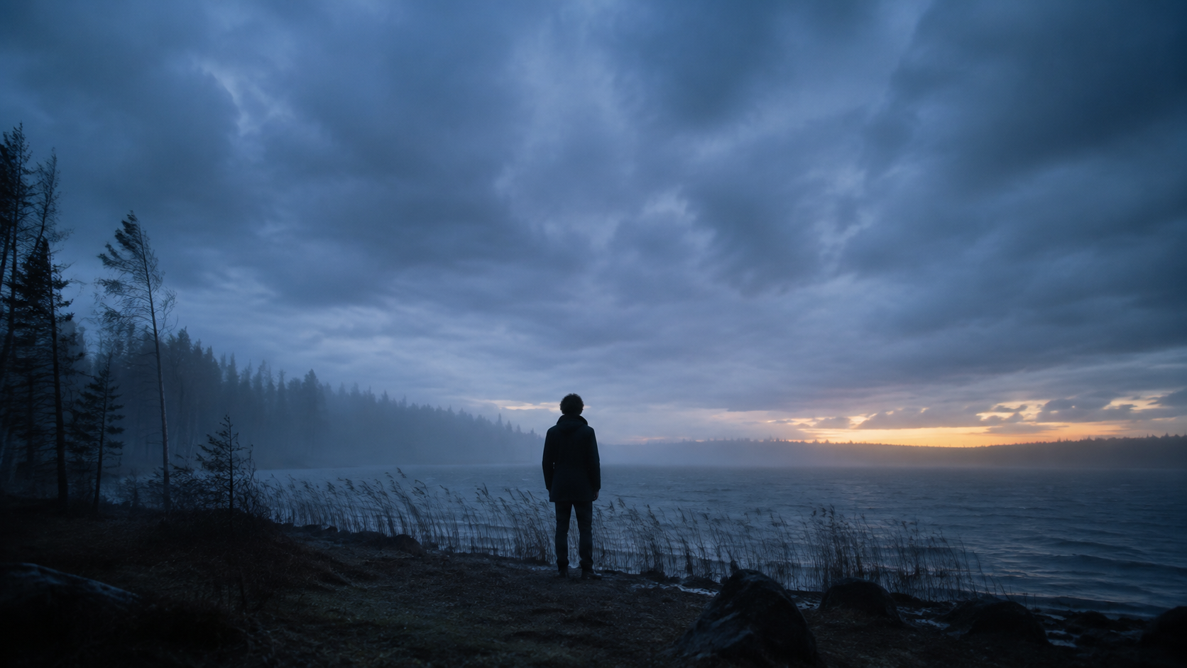 A solitary figure standing at the edge of a lake beneath an immense living sky